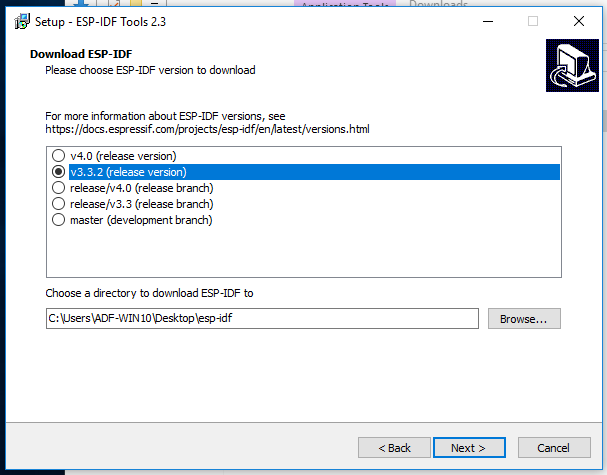 windows esp32 idf tool select idf version