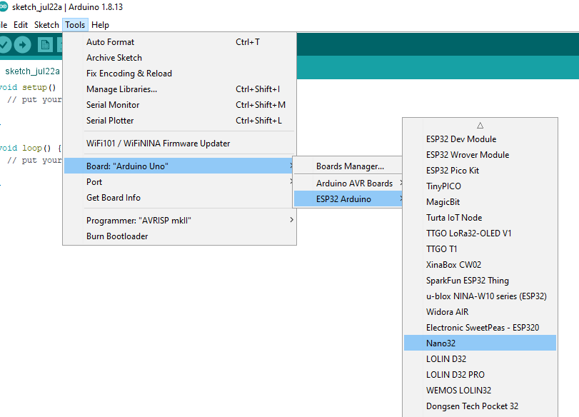 select esp32 board in arduino ide