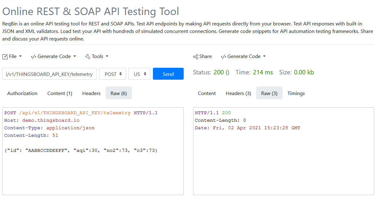 thingsboard api testing reqbin json post request