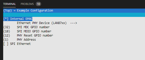 basic esp32 ethernet example menuconfig settings